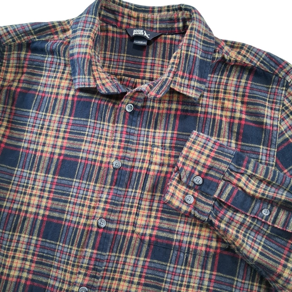 Eddie Bauer Flannel Shirt Mens Large Navy Red Plaid Cotton Long Sleeve